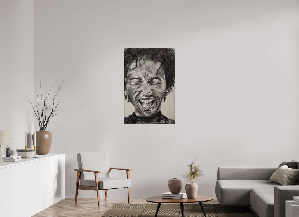 70 x 105 cm, Kohlez. Aludibond PhotoRag in ArtBox Alu10mm schwarz Portrait lachend