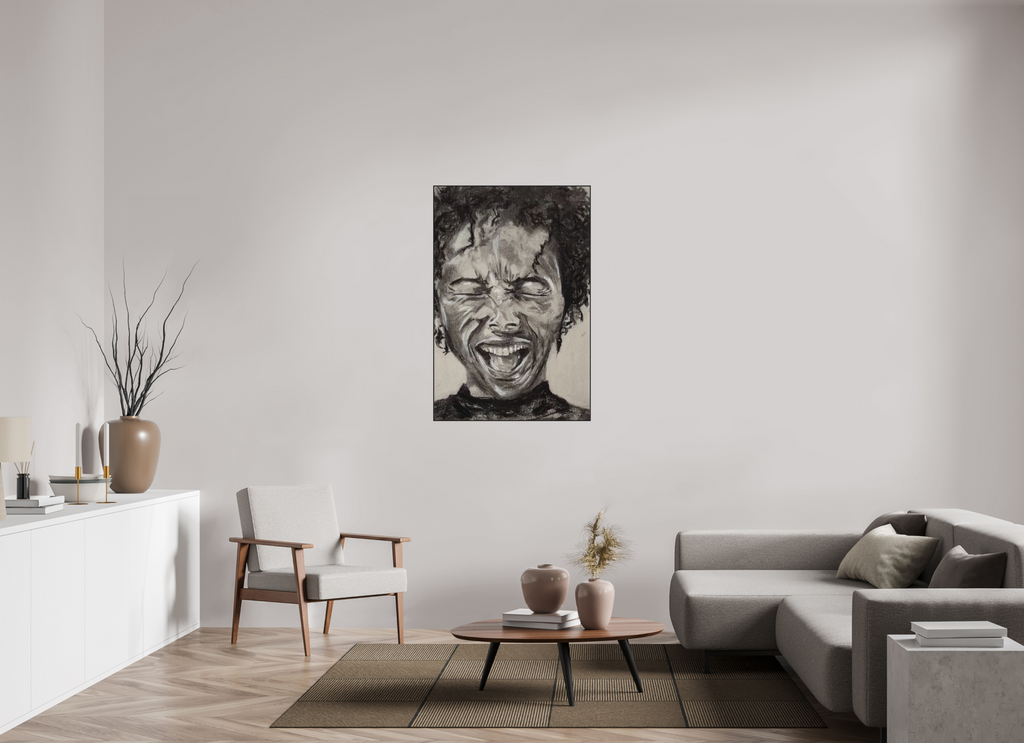 80 x 120 cm, Kohlez. Aludibond PhotoRag in ArtBox Alu10mm schwarz Portrait lachend