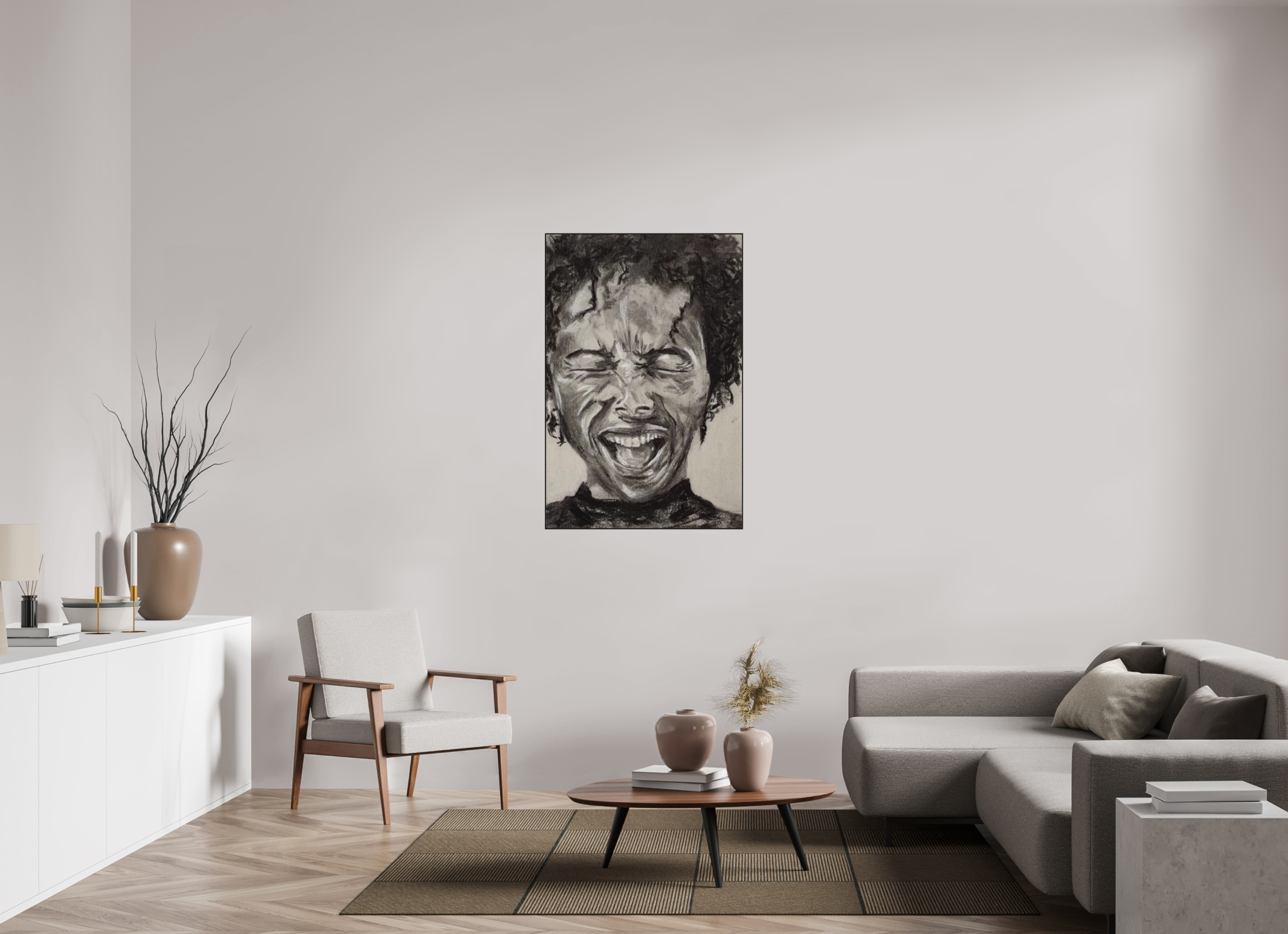 80 x 120 cm, Kohlez. Aludibond PhotoRag in ArtBox Alu10mm schwarz Portrait lachend