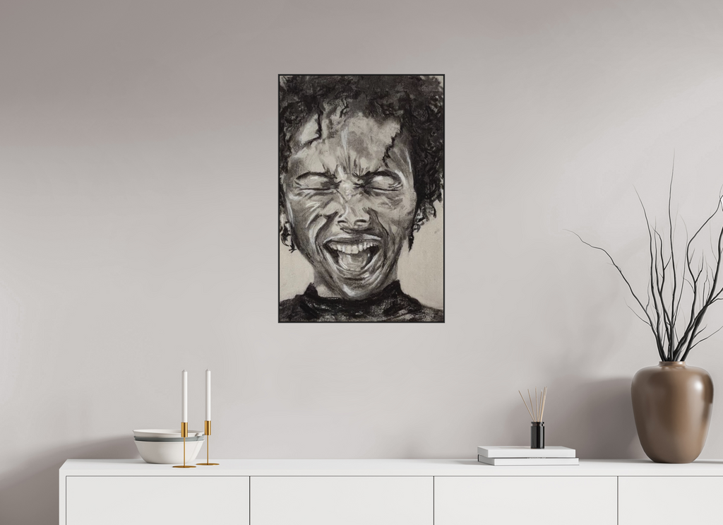 50 x 75 cm, Kohlez. Aludibond PhotoRag in ArtBox Alu10mm schwarz Portrait lachend