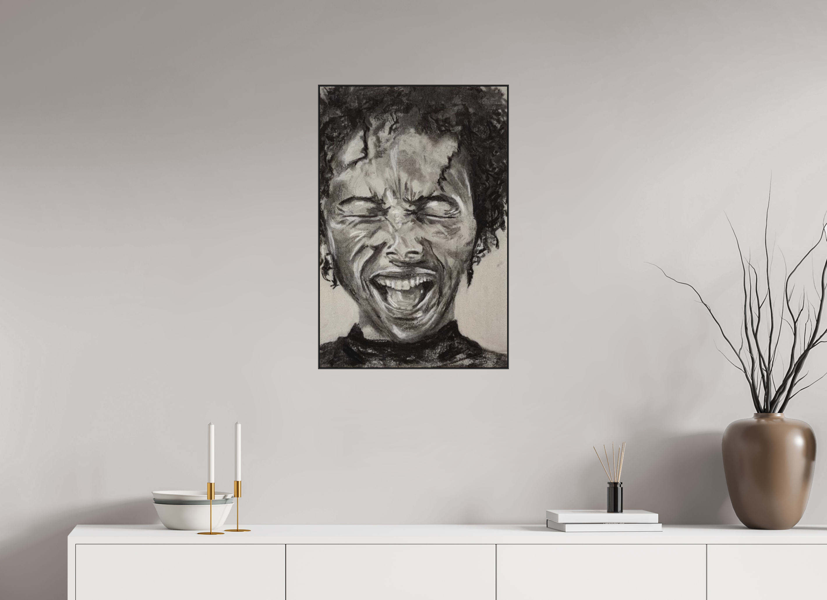 50 x 75 cm, Kohlez. Aludibond PhotoRag in ArtBox Alu10mm schwarz Portrait lachend