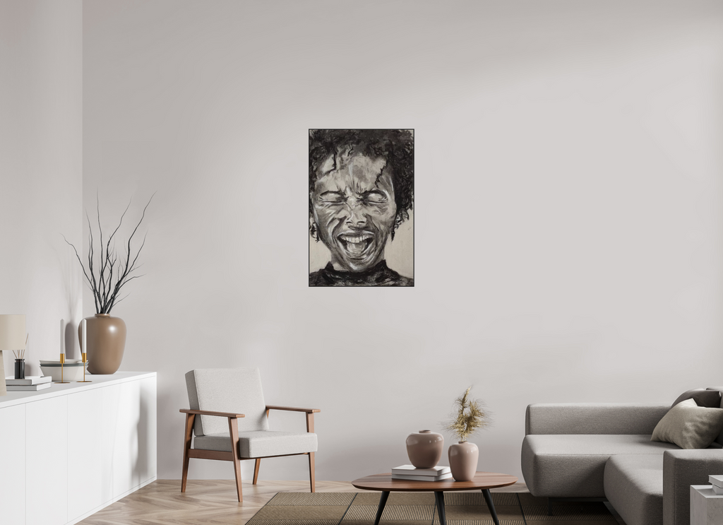 60 x 90 cm, Kohlez. Aludibond PhotoRag in ArtBox Alu10mm schwarz Portrait lachend