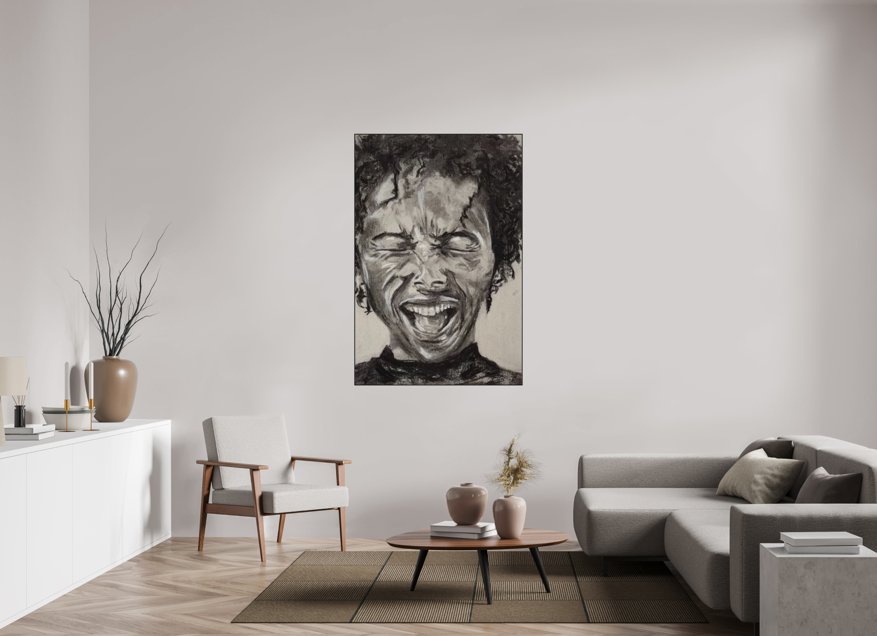 100 x 150 cm, Kohlez. Aludibond PhotoRag in ArtBox Alu10mm schwarz Portrait lachend